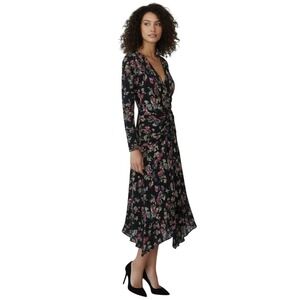 Lauren Ralph Lauren Black Wine Floral Feminine Surplice Long Sleeve Size 8Dress